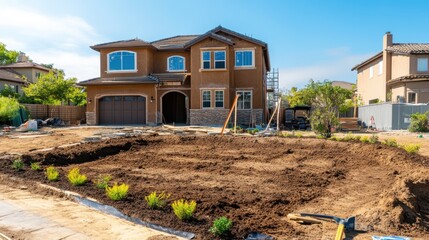 A completed house exterior with landscaping still in progress, construction tools visible