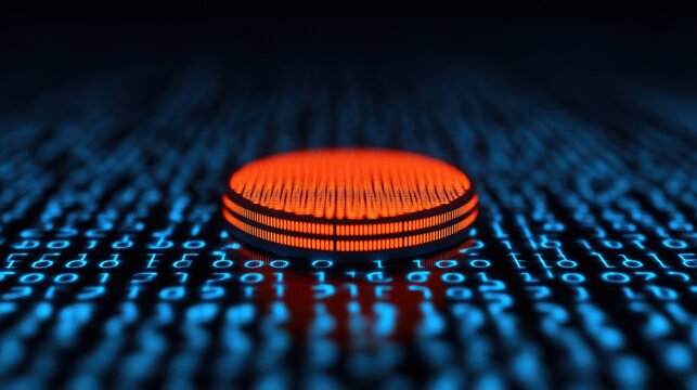 Illuminated disc over cascading binary code representing bandwidth data transfer dynamics