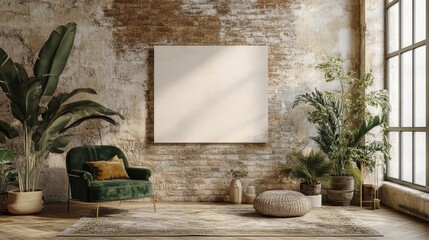 A large blank canvas hangs on a rustic brick wall in a sunlit room, surrounded by lush greenery, an armchair, and decorative items. The setting is calm and inviting.
