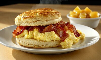 A delicious breakfast sandwich featuring fluffy scrambled eggs, crispy bacon, and a biscuit served with fruit