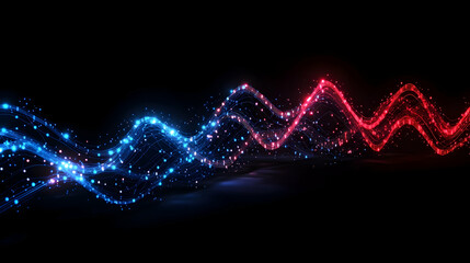 Glowing blue and red particle waves on black background