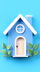 Cute blue house model with green leaves on blue background