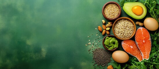 Nutritious salmon avocado and mixed nuts composition on vibrant green backdrop with empty right panel for dietary text.