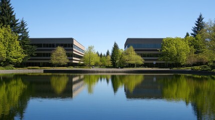 Obraz premium A corporate park with a series of uniform office buildings surrounded by trees