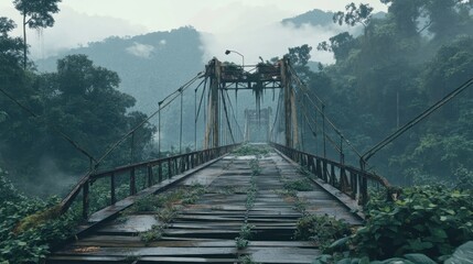Fototapeta premium A decaying abandoned bridge with broken railings, surrounded by overgrown vegetation