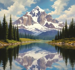 Illustration of lake landscape with mountain and water reflection.