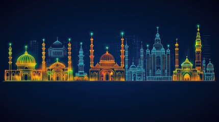 Illuminated neon drawing depicting a variety of mosques and buildings