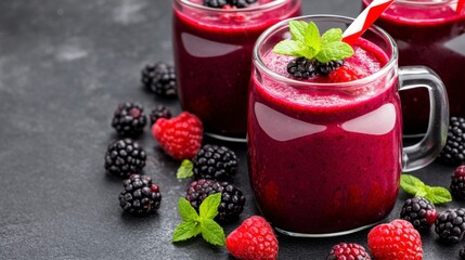 Close up view of three glasses of berry smoothie garnished with fresh mint, surrounded by blackberries and raspberries on a dark gray surface.