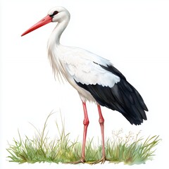 Fototapeta premium White Stork in Green Grass Detailed Illustration