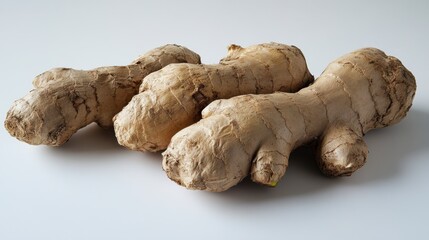 Fototapeta premium Three pieces of ginger root on a white background. The ginger is light brown and has a rough texture.