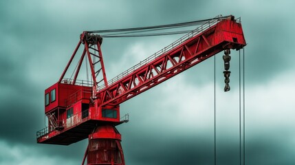 A large bright red crane stands against a cloudy background sky