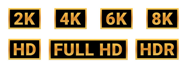 Fototapeta premium Golden Media Resolution Badges Set: 2K, 4K, 6K, 8K, HD, Full HD, HDR