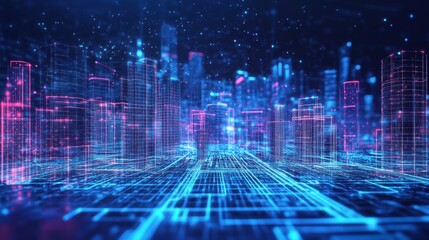 A high-tech blueprint interface with augmented reality elements, displaying a smart city concept