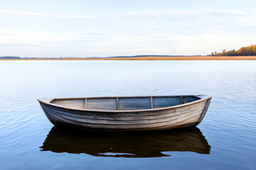 Naklejka premium A weathered rowboat floats serenely on a calm lake under a pale sky, its reflection mirrored in the still water