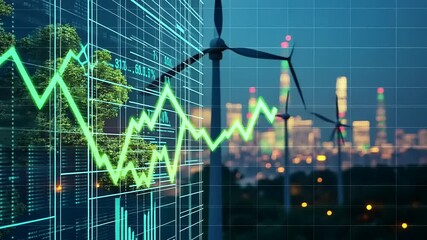 Digital financial growth graph overlaying green energy wind turbines against a city skyline backdrop - Powered by Adobe