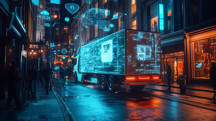 Delivery truck navigates futuristic smart city street illuminated by digital networks, embodying technological advancement and urban life