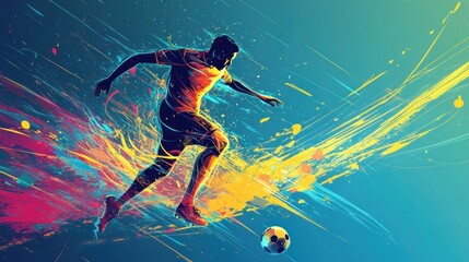 Dynamic soccer player in motion, vibrant colors and abstract splashes.