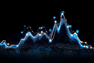 Glowing data visualization graph with peaks and valleys, rendered in blue and gold hues against a dark background