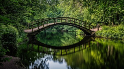 Fototapeta premium A lush green park bridge arching over a tranquil pond, its reflection creating perfect symmetry