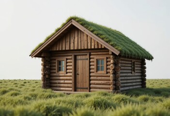 Rustic Log Cabin with Living Green Roof on Grassy Field