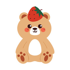 Fototapeta premium cute hand drawing cartoon bear sitting with strawberry on its head. cute bear drawing for animal sticker, icon