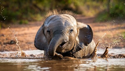 Fototapeta premium A playful baby elephant with wet, tousled skin, joyfully splashing in a puddle. Perfect for nature, wildlife, and animal-themed illustrations, conveying fun and innocence. 