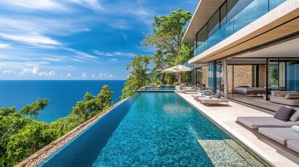 Fototapeta premium A luxurious modern villa with a flat roof, large glass walls, and an infinity pool in the front