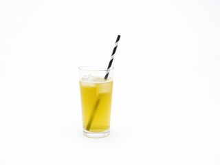 Fototapeta premium Refreshing Iced Yellow Drink with Black and White Striped Straw