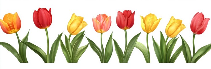 Vibrant watercolor painting of eight tulips in red, orange, and yellow, arranged in a horizontal row against a white background. The tulips have green stems and leaves.