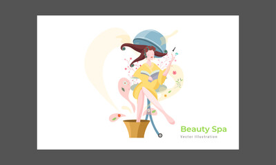 Large spa, beauty and wellness showing assorted treatments for relaxation, body care and skincare, therapies and accessories, colored vector illustration
