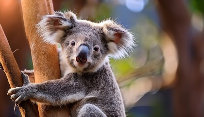 Obraz premium A baby koala with messy fur clings to a tree branch, gazing curiously into the distance. Adorable and slightly clumsy, it captures the charm of Australian wildlife and nature.