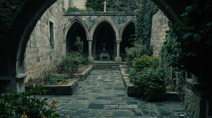 Fototapeta premium A medieval cloister garden surrounded by gothic arches and intricate stone pathways
