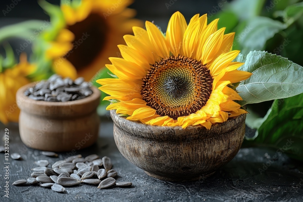 Poster sunflower arrangement with seeds in wooden bowls on dark table surrounded by greenery during soft af