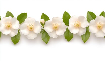 Obraz premium White jasmine blossoms and green leaves arranged in a horizontal row on a white background. Soft, natural lighting.