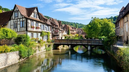 Obraz premium A medieval village beside a river, with wooden bridges and charming half-timbered homes