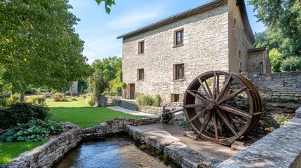 Obraz premium A medieval watermill with a wooden wheel turning beside a stone-built house