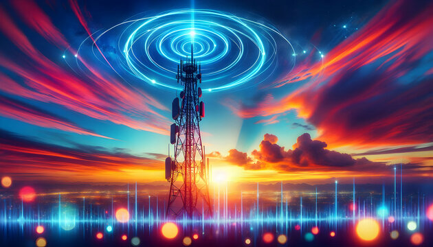 Wifi Signal A vibrant sunset scene with a communication tower silhouetted against a colorful sky, with glowing b4