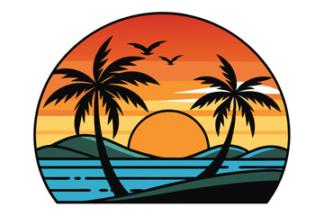 Obraz premium Sunset on the ocean with the shadow of coconut trees premium twilight vector