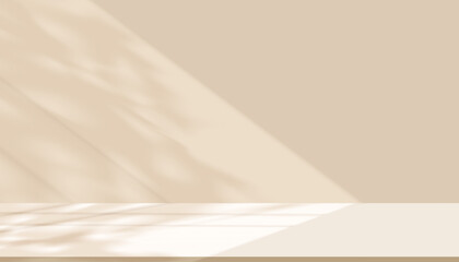 Shadow leave, light on brown studio background wall room and cream podium stage for product,Autumn beige  backdrop banner with sunlight on floor texture,Interior Kitchen with blur gradient,Fall season