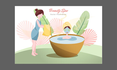 Skin care concept. Woman do cosmetic spa procedures for face. Morning routine. Bath time. Eye patches and cream. Organic products. Vector illustration in flat cartoon style.

