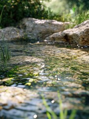Fototapeta premium Crystal Clear Stream for Sunlight, Rocks, Nature.