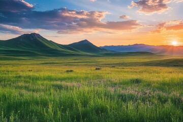 Obraz premium Tranquil prairie sunset with picturesque mountains and lush grass for landscape photography aficionados and nature lovers seeking serene outdoor beauty