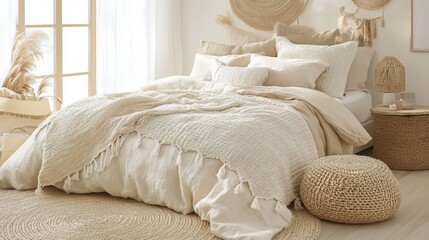A neutral-toned bedroom with beige decor, soft textures, and a peaceful aesthetic