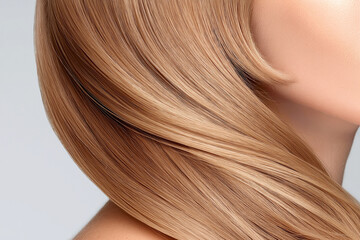 Fototapeta premium Close-up of smooth, shiny blonde hair with a silky texture. The image highlights healthy hair care, softness, and beauty, ideal for shampoo, conditioner, and salon-related concepts