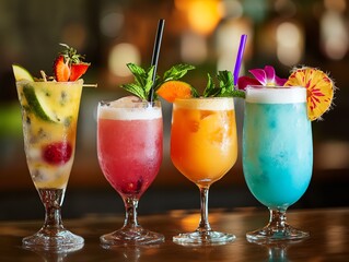Variety of colorful tropical drinks with garnishes, ready to be served at a beach bar or a tropical getaway