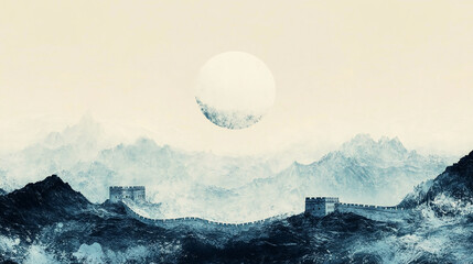 Contemporary style minimalist artwork collage illustration of Great Wall of China 