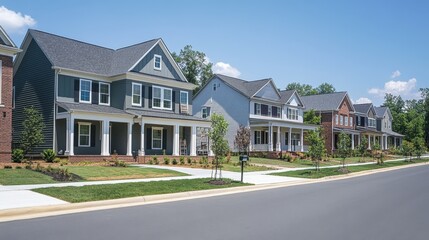 A new suburban neighborhood with multiple houses in different phases of construction