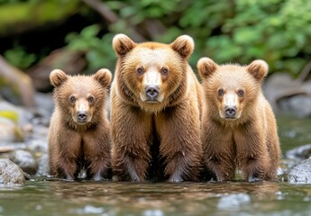 Obraz premium Brown bear and two cubs standing in shallow water, facing the camera. Lush green background. Natural light.