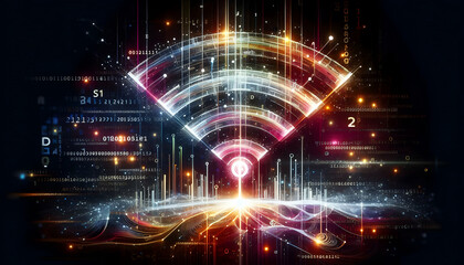 Obraz premium Wifi Signal A creative abstract interpretation of a Wi-Fi symbol formed by light beams and digital code, symboli3