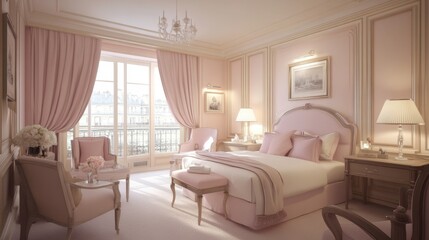 Fototapeta premium A pastel-themed bedroom with soft pink and white tones, elegant furniture, and warm lighting